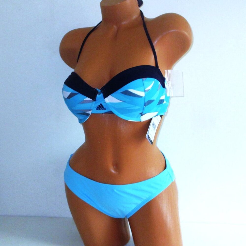 XL/XL Adidas Swim Bandeau Top Bikini Set Hipster Bottom Blue Logo Overlay Stripe